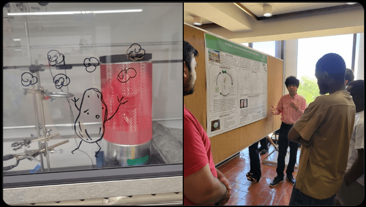 A collage of two images, on the left is the image of a fume hood sash with drawings of multiple clouds and a potato with face and legs. The image on the right showing Kiyaan standing in front of his poster and presenting four people around.