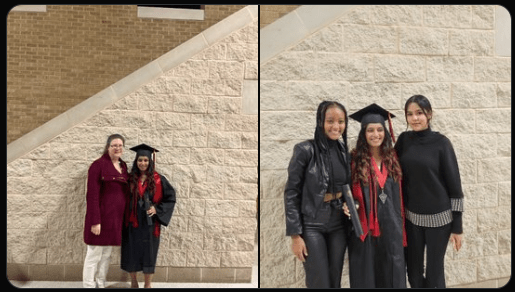 A collage of two images, on the left is an image of Chandeni and professor Kristufek standing in front of a white background smiling. The image on the right showing Chandeni in the middle and two friends on both side smiling in front of an off-white background. Chandeni, in both pictures, dressing in graduation cap & gown.