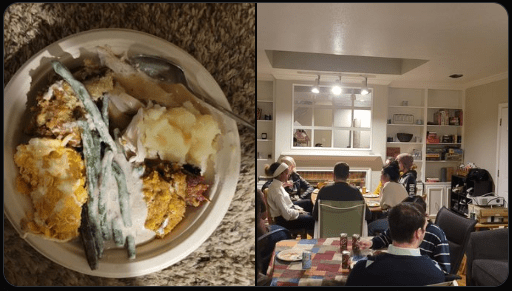 A collage of two images, on the left is an image of a round plate of Thanksgiving food including turkey, stuffing, sweet potatoes, mashed potatoes, and green been casserole. The image on the right showing more than ten people gathering in a living room.